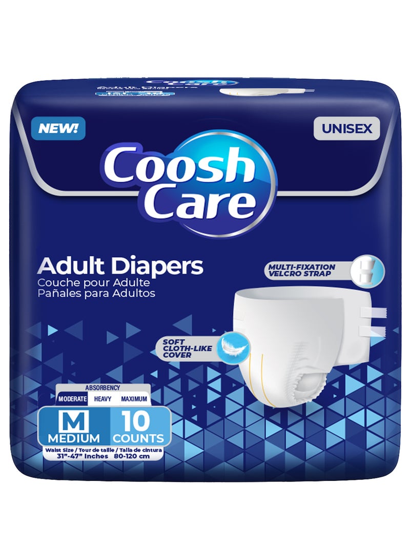 CooshCare حفاضات للبالغين للرجال والنساء، متوسط (M)، 10 قطعة – سراويل قابلة للتصرف فائقة الامتصاص مع غطاء ناعم مثل القماش، أحزمة فيلكرو متعددة التثبيت، حماية من التسرب والتحكم في الروائح - Image 1