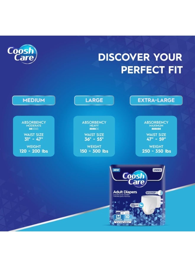 CooshCare حفاضات للبالغين للرجال والنساء، متوسط (M)، 10 قطعة – سراويل قابلة للتصرف فائقة الامتصاص مع غطاء ناعم مثل القماش، أحزمة فيلكرو متعددة التثبيت، حماية من التسرب والتحكم في الروائح - Image 2
