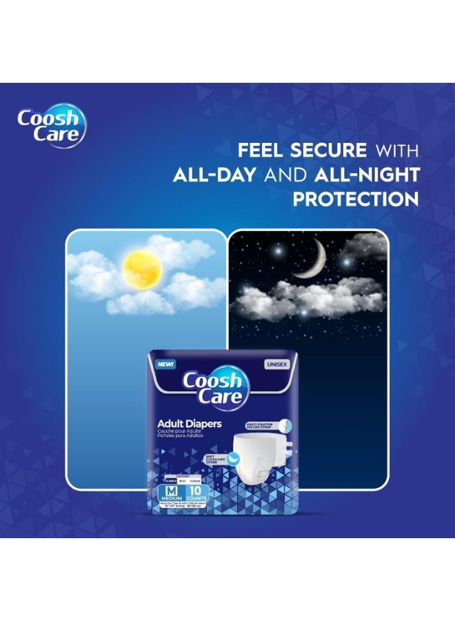 CooshCare حفاضات للبالغين للرجال والنساء، متوسط (M)، 10 قطعة – سراويل قابلة للتصرف فائقة الامتصاص مع غطاء ناعم مثل القماش، أحزمة فيلكرو متعددة التثبيت، حماية من التسرب والتحكم في الروائح - Image 3