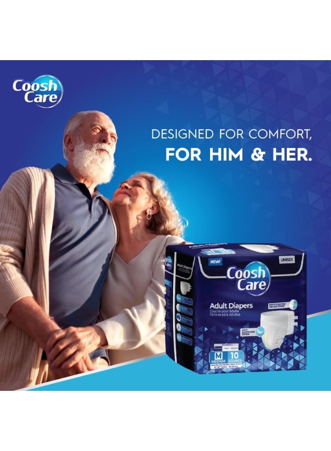 CooshCare حفاضات للبالغين للرجال والنساء، متوسط (M)، 10 قطعة – سراويل قابلة للتصرف فائقة الامتصاص مع غطاء ناعم مثل القماش، أحزمة فيلكرو متعددة التثبيت، حماية من التسرب والتحكم في الروائح - Image 4