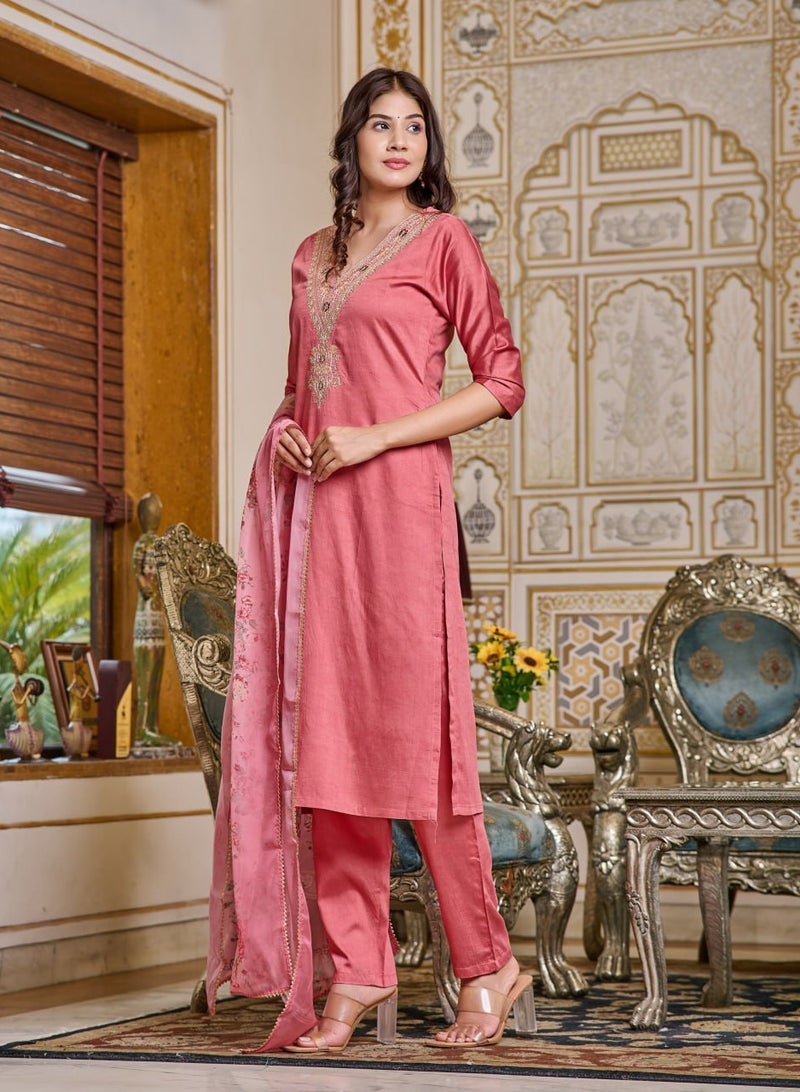 Women Embroidered Chanderi Light Pink Kurta with Pant and Dupatta Set  - Image 1