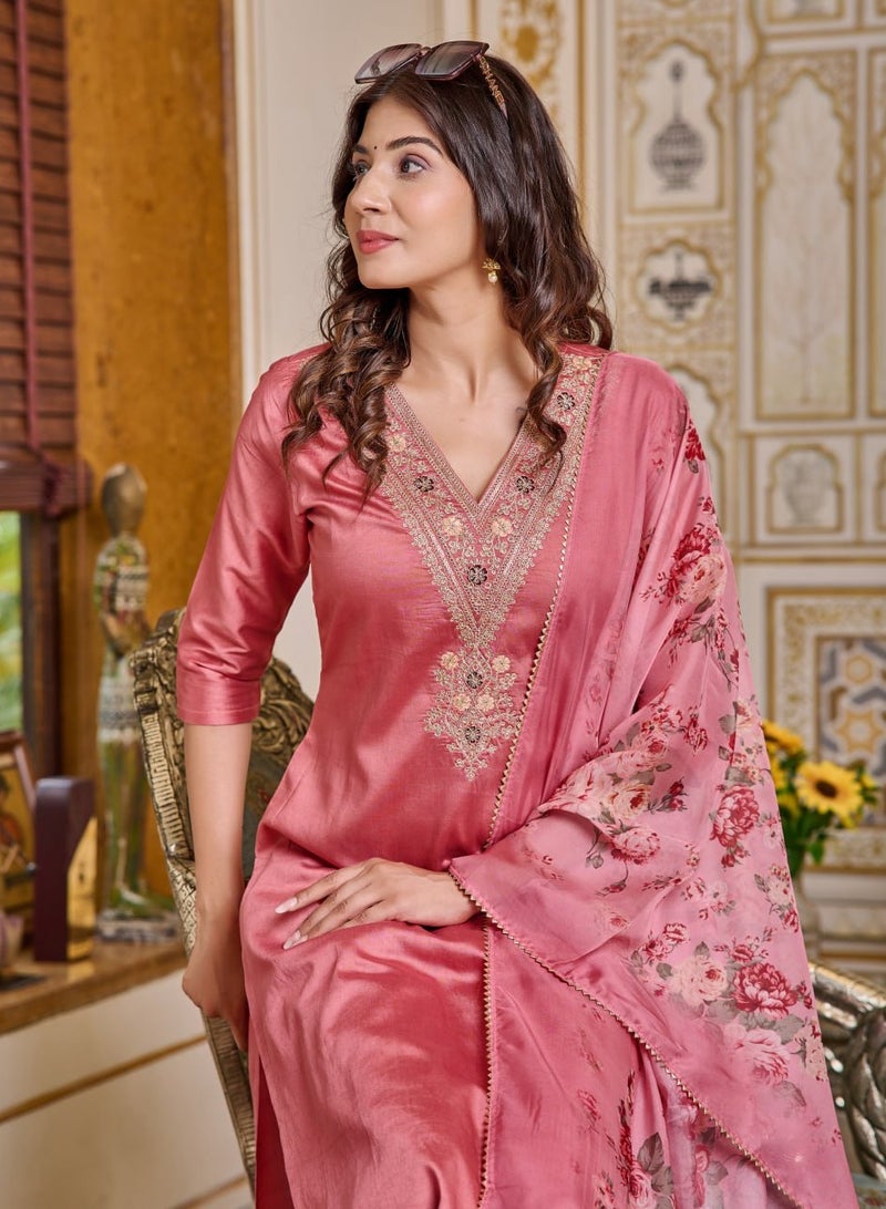 Women Embroidered Chanderi Light Pink Kurta with Pant and Dupatta Set  - Image 2