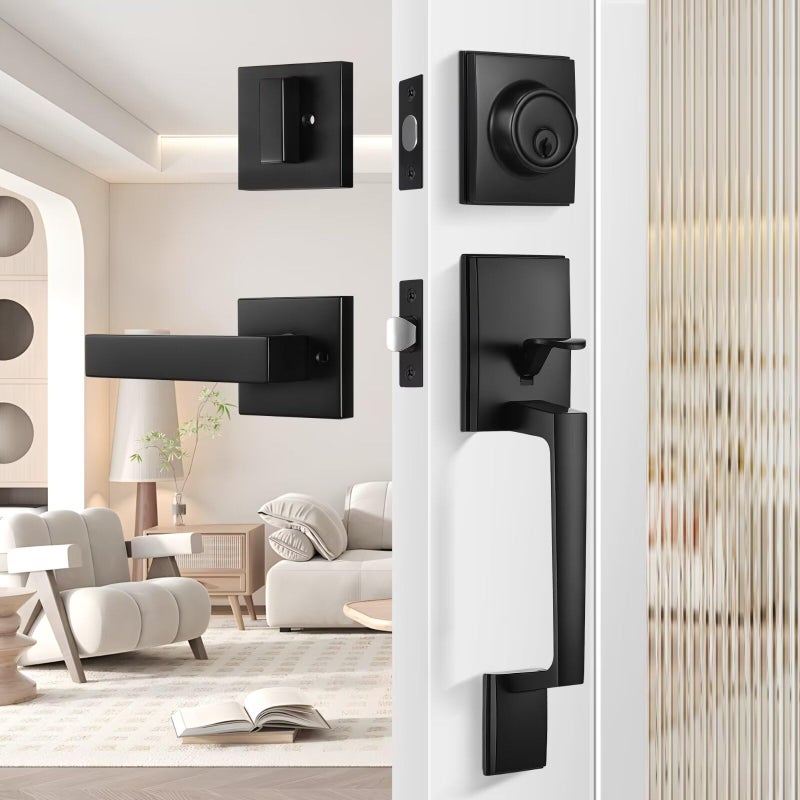 Leydebong Black Front Door Handle Matte Black Exterior Door Handle with Door Lever Front Door Lock Handle and Deadbolt Set Reversible for Right and Left Handed deadbolt Handle Set
