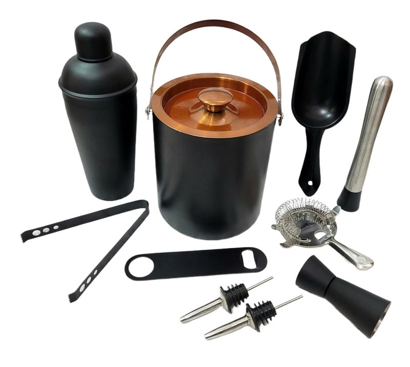 Proniks Stainless Steel Bar kit with Ice Bucket Cocktail Shaker750ml with Other Accessories 10pieces kit in Black for Mini bar Cocktail Parties Home bar and Other Bars Small - Image 1