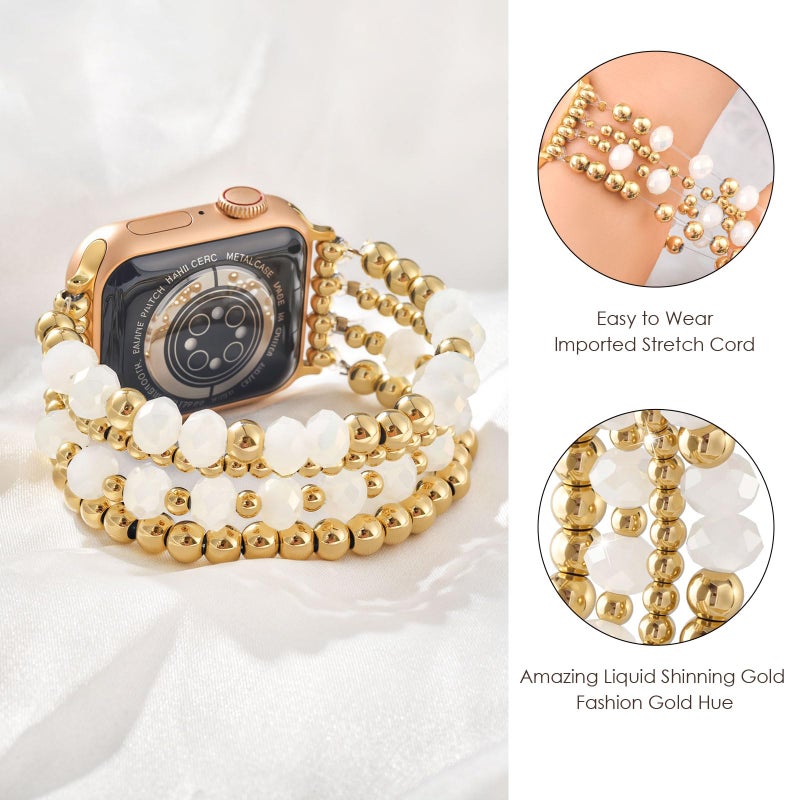 AIRSPO Gold Beaded Bracelets Compatible for Apple Watch Band 38mm 40mm 41mm 42mm 44mm 45mm Women, Fashion Handmade Dressy iPhone Watch Bands Elastic Strap for iWatch Series SE 8 7 6 5 4 3 2 1 (White Beads, 38mm/40mm/41mm-S(5.3"-6.2")) - Image 2