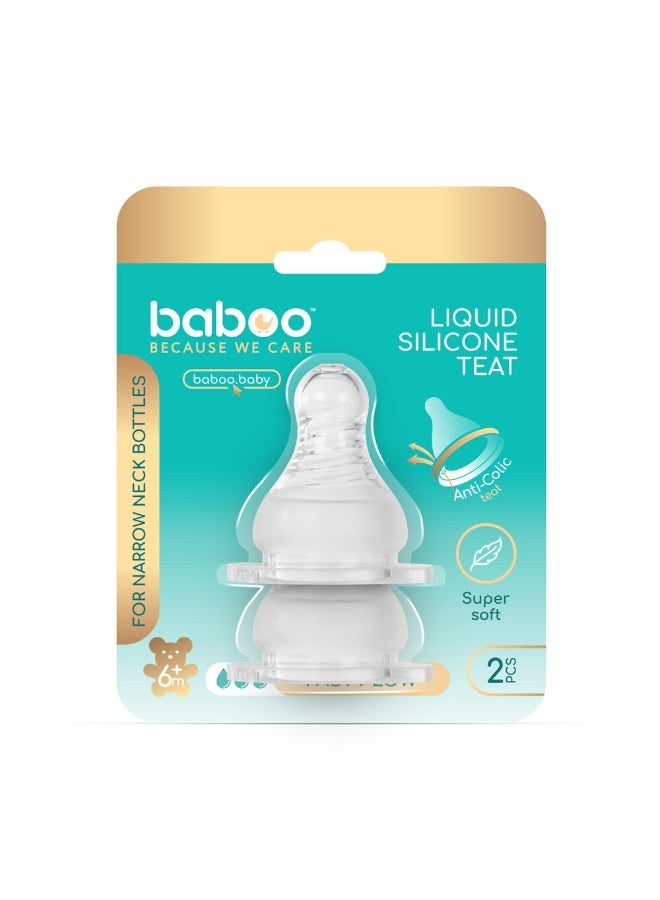 Baboo حلمة سيليكون سائلة - 2 قطعة - عنق ضيق - تدفق سريع - 6 شهور وما فوق (لزجاجة زجاجية) - Image 1