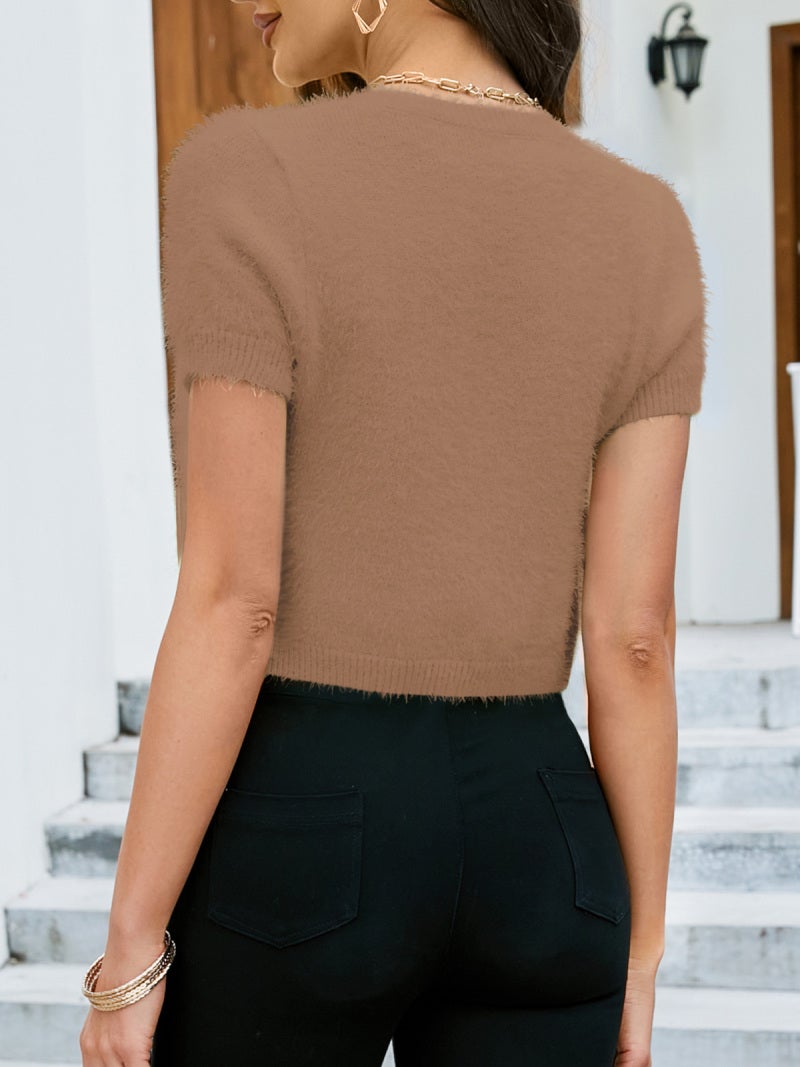 Short Cardigan:Slim Fit Brown Small - Open Front With Letter Buckle Summer Cardigan for Spring Summer Casual Daily Wear - Image 4