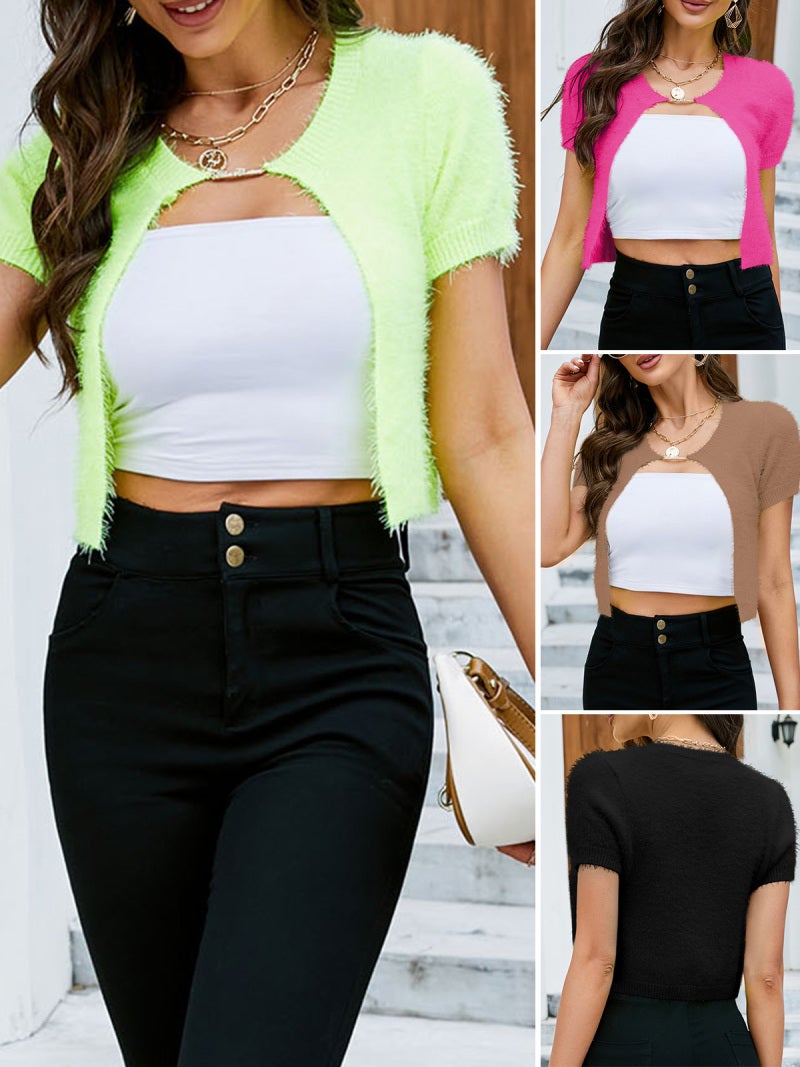 Short Cardigan:Slim Fit Brown Small - Open Front With Letter Buckle Summer Cardigan for Spring Summer Casual Daily Wear - Image 3