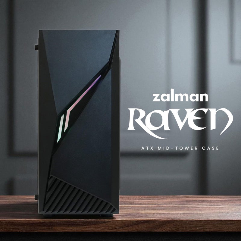 ZALMAN صندوق كمبيوتر ألعاب Zalman Raven ATX Mid-Tower - شريط إضاءة RGB مع زر تحكم، لوحة جانبية من الزجاج المقسى بالكامل، مروحة 1 × 120 مم مثبتة مسبقًا، USB 3.0، صندوق كمبيوتر مكتبي - Image 3