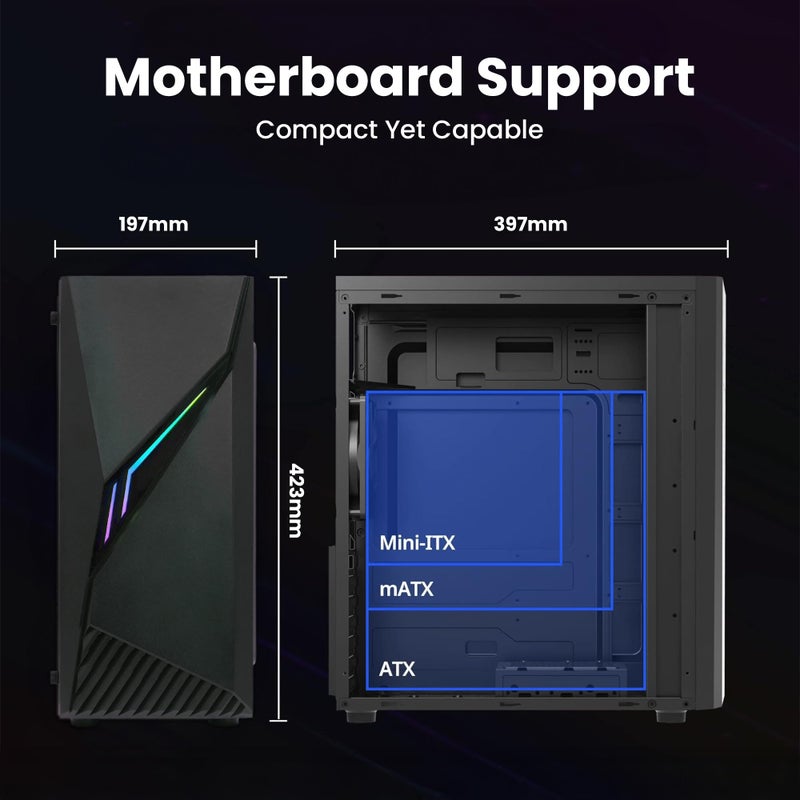 ZALMAN صندوق كمبيوتر ألعاب Zalman Raven ATX Mid-Tower - شريط إضاءة RGB مع زر تحكم، لوحة جانبية من الزجاج المقسى بالكامل، مروحة 1 × 120 مم مثبتة مسبقًا، USB 3.0، صندوق كمبيوتر مكتبي - Image 4