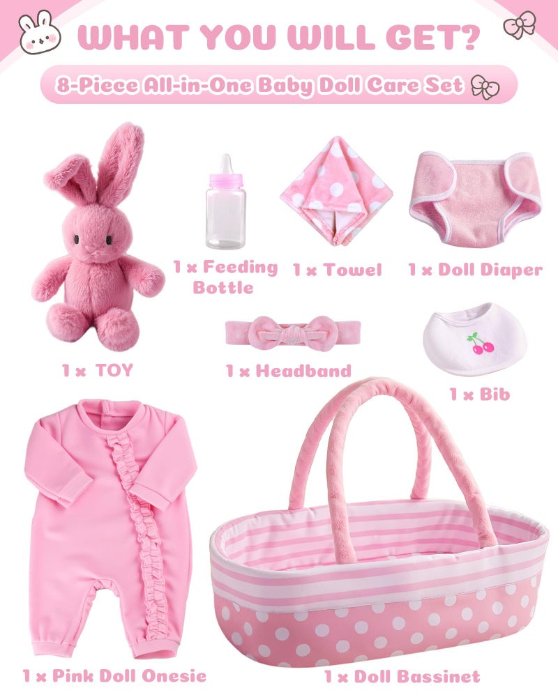 BABESIDE 8 Pcs Baby Doll Accessories, Reborn Baby Dolls Clothes with Bassinet for 17-22 Inch Babydolls, Outfit fit Babies Dolls Girl, Babies Pretend Play Set - Image 2