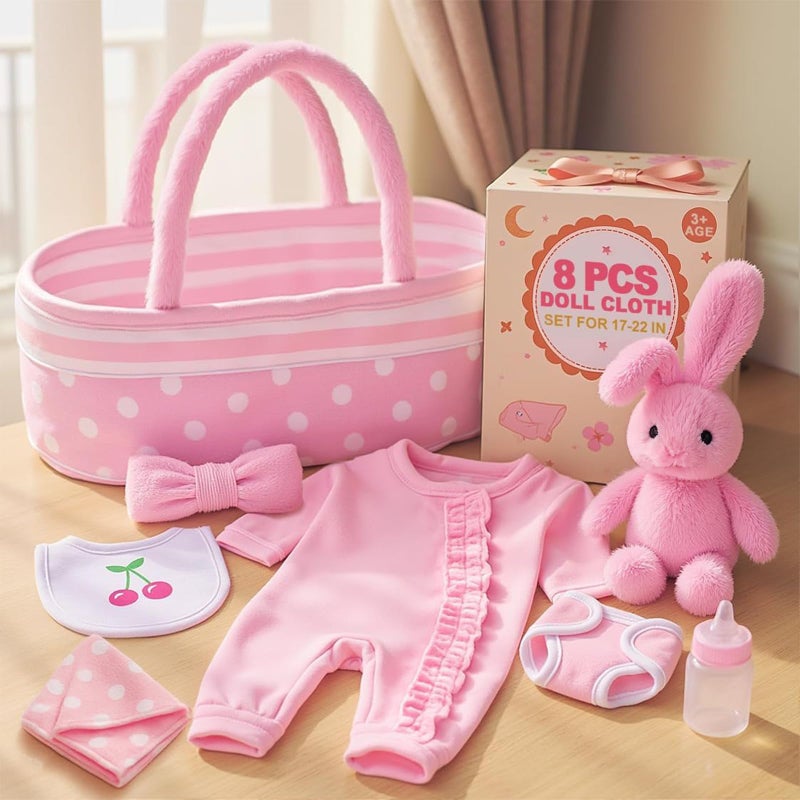 BABESIDE 8 Pcs Baby Doll Accessories, Reborn Baby Dolls Clothes with Bassinet for 17-22 Inch Babydolls, Outfit fit Babies Dolls Girl, Babies Pretend Play Set - Image 1