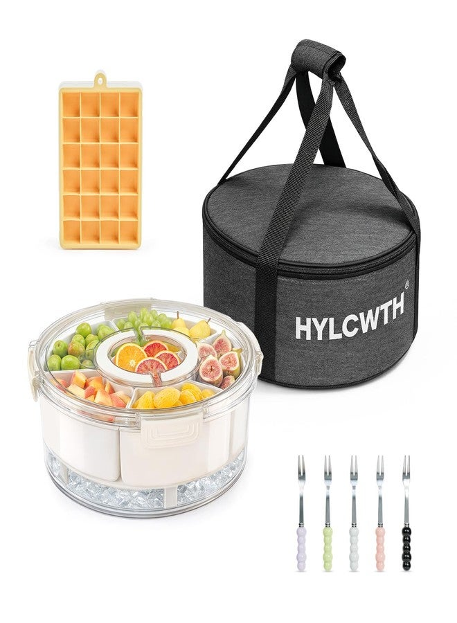 HYLCWTH Divided Serving Tray with Lid and Handle, Rounded Snackle Box with 6 Compartments and Chill Base for Fruits, Candy, Veggie, Travel Snack Container with Portable Insulated Bag & Ice Cube Tray & 5 Forks - Image 1
