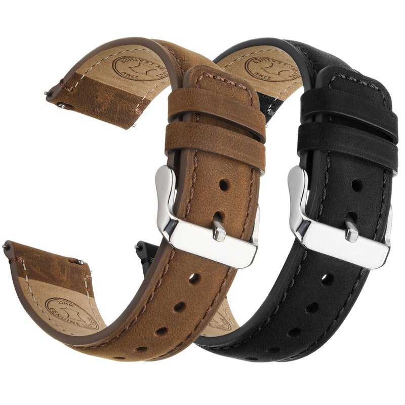 Fullmosa 18mm 20mm 22mm 24mm Leather Watch Bands 2 Pack Soft Quick Release Watch Strap Compatible with Garmin Vivoactive 5643 Venu 43S2S Samsung Galaxy Fossil Amazfit for Men Women22mm Saddle BrownSilverBlackSilver - Image 2