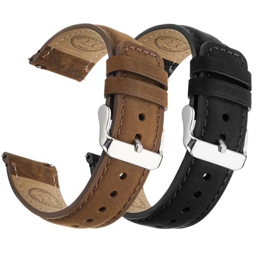 Fullmosa 18mm 20mm 22mm 24mm Leather Watch Bands 2 Pack Soft Quick Release Watch Strap Compatible with Garmin Vivoactive 5643 Venu 43S2S Samsung Galaxy Fossil Amazfit for Men Women22mm Saddle BrownSilverBlackSilver - Image 1