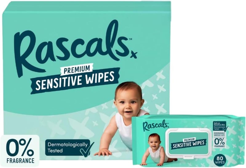 Rascals Premium Baby Sensitive Wipes - Pack of 640 (8 x 80) - Hypoallergenic and Fragrance-Free - Image 1