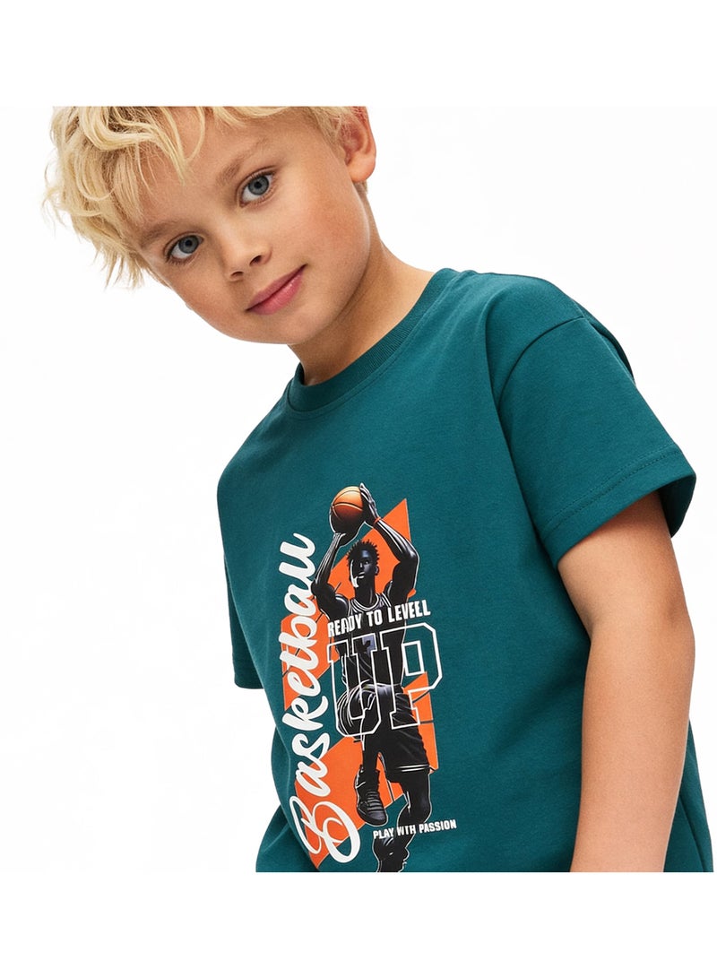 Andora Boys Shorts Sleeves Printed Tee - Teal Green - Image 2
