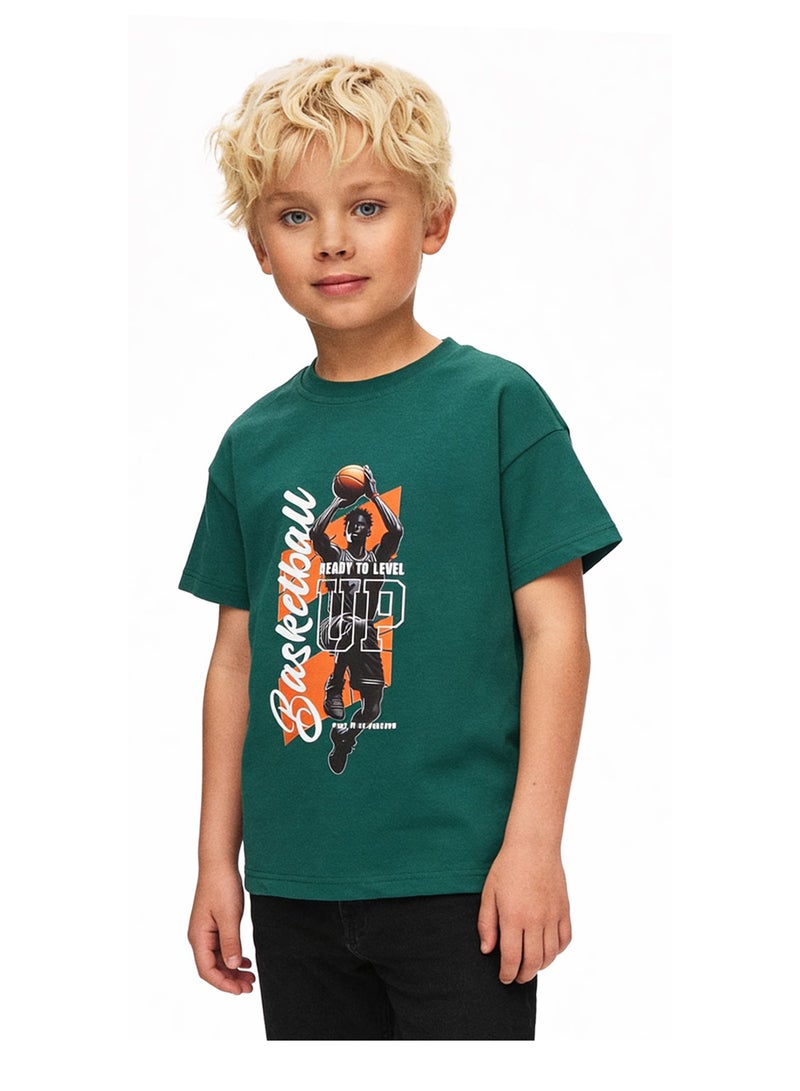 Andora Boys Shorts Sleeves Printed Tee - Teal Green - Image 1