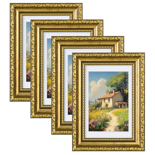 eletecpro 4x6 Picture Frames Set of 4 Retro Frames with Glass Cover Vintage Gold Photo Frame 4 by 6 Displays 35x5 Photo with Mat or 4x6 without Mat for Tabletop or Wall Decor Gold - Image 1