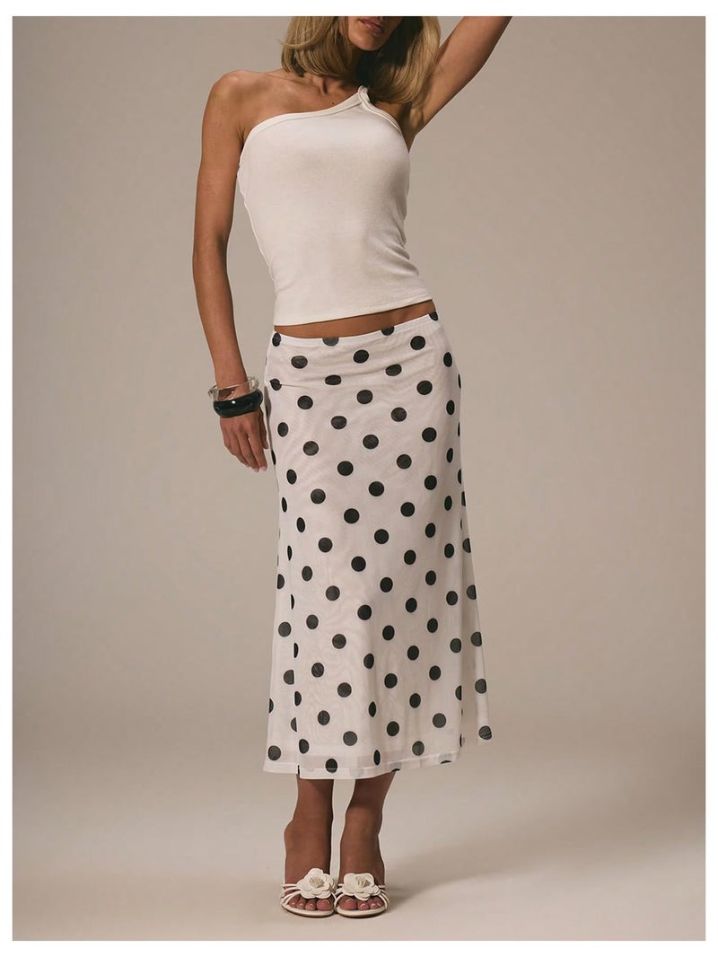 MakeMeChic Women's Polka Dots Midi Skirt Summer Mesh Flowy Long Skirts White Medium - Image 3