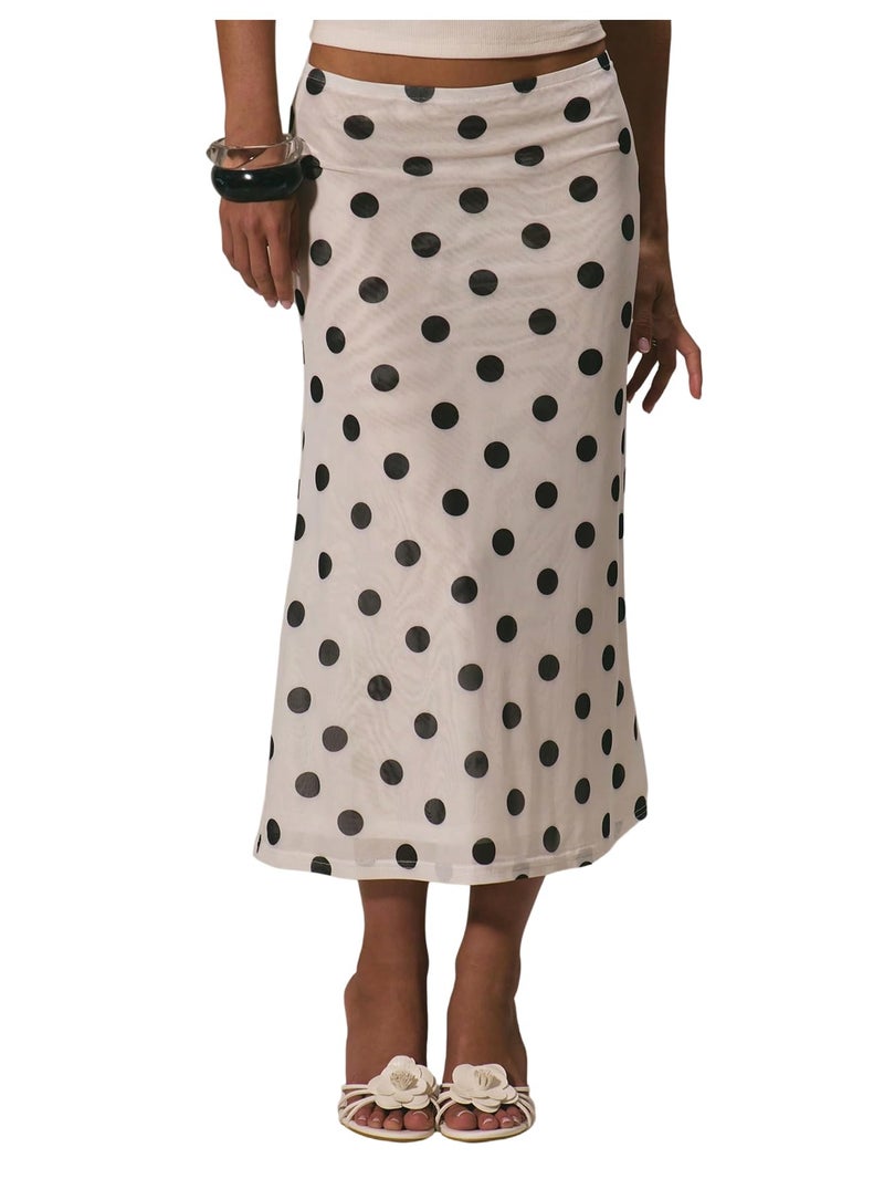 MakeMeChic Women's Polka Dots Midi Skirt Summer Mesh Flowy Long Skirts White Medium - Image 1