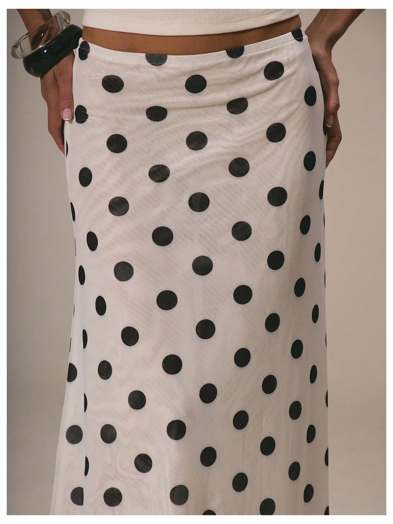 MakeMeChic Women's Polka Dots Midi Skirt Summer Mesh Flowy Long Skirts White Medium - Image 4
