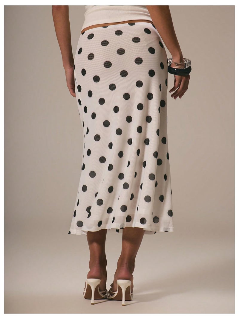 MakeMeChic Women's Polka Dots Midi Skirt Summer Mesh Flowy Long Skirts White Medium - Image 2