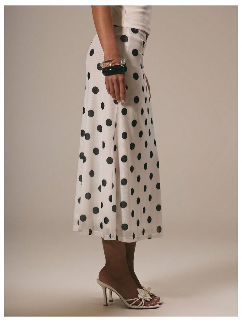 MakeMeChic Women's Polka Dots Midi Skirt Summer Mesh Flowy Long Skirts White Medium - Image 5