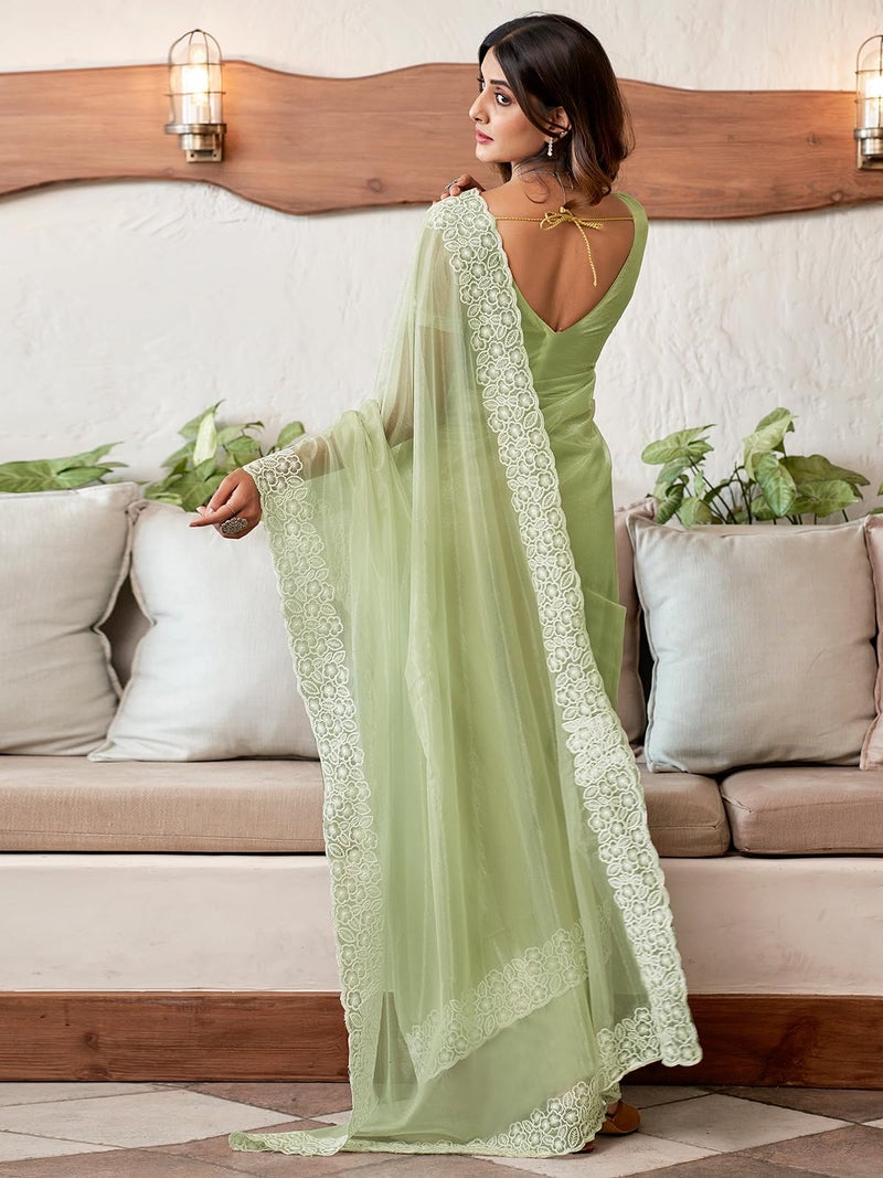 Satrani Women's Embroidery Border Organza Saree with Unstitched Blouse Piece (3734S353N_Pista Green) - Image 3