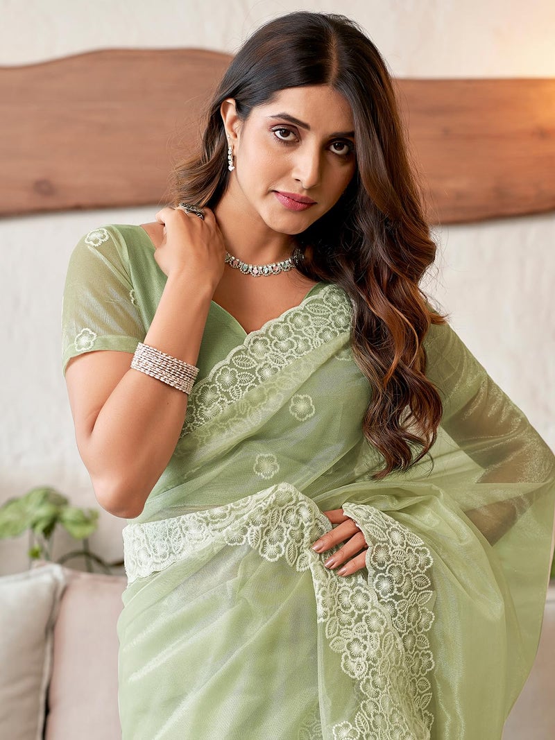 Satrani Women's Embroidery Border Organza Saree with Unstitched Blouse Piece (3734S353N_Pista Green) - Image 4