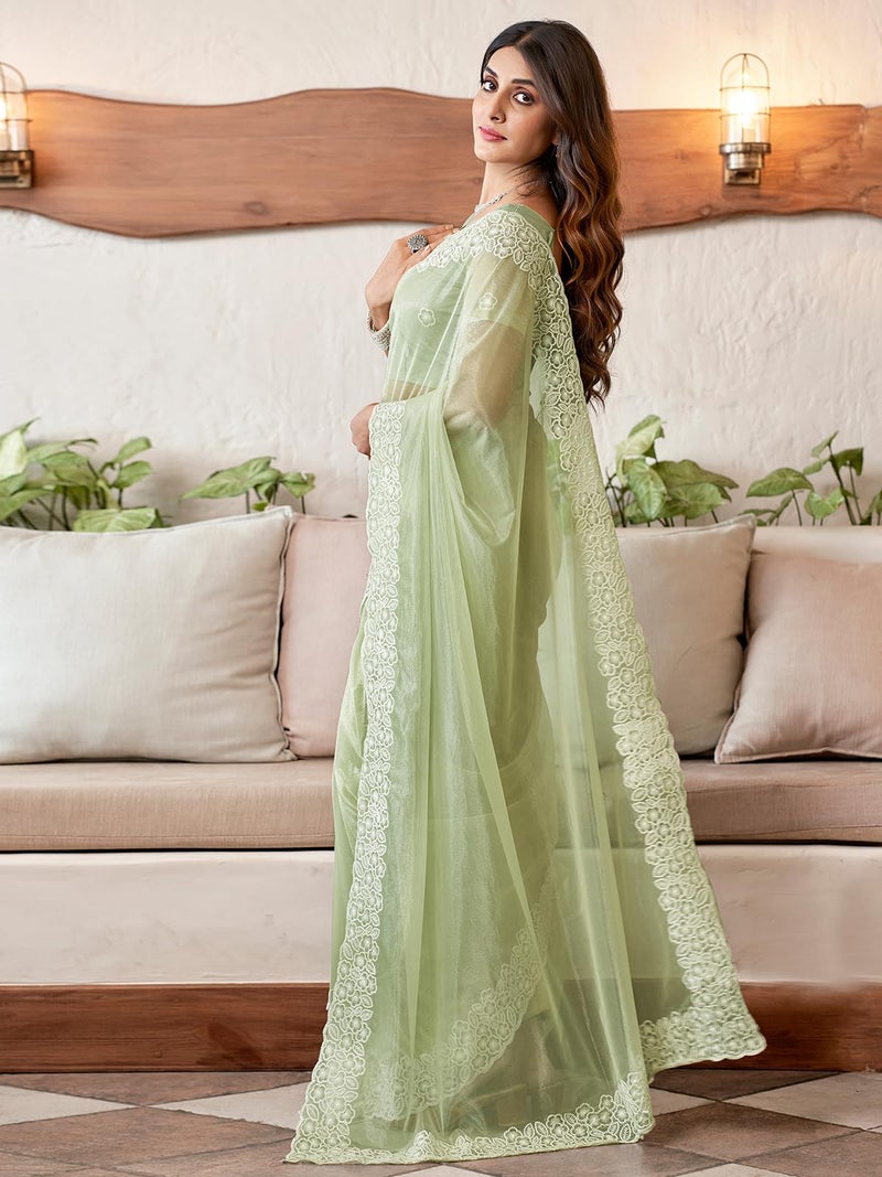 Satrani Women's Embroidery Border Organza Saree with Unstitched Blouse Piece (3734S353N_Pista Green) - Image 2