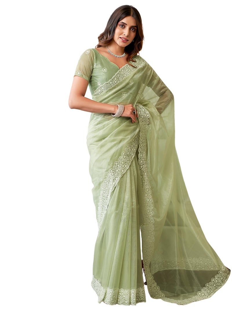 Satrani Women's Embroidery Border Organza Saree with Unstitched Blouse Piece (3734S353N_Pista Green) - Image 1
