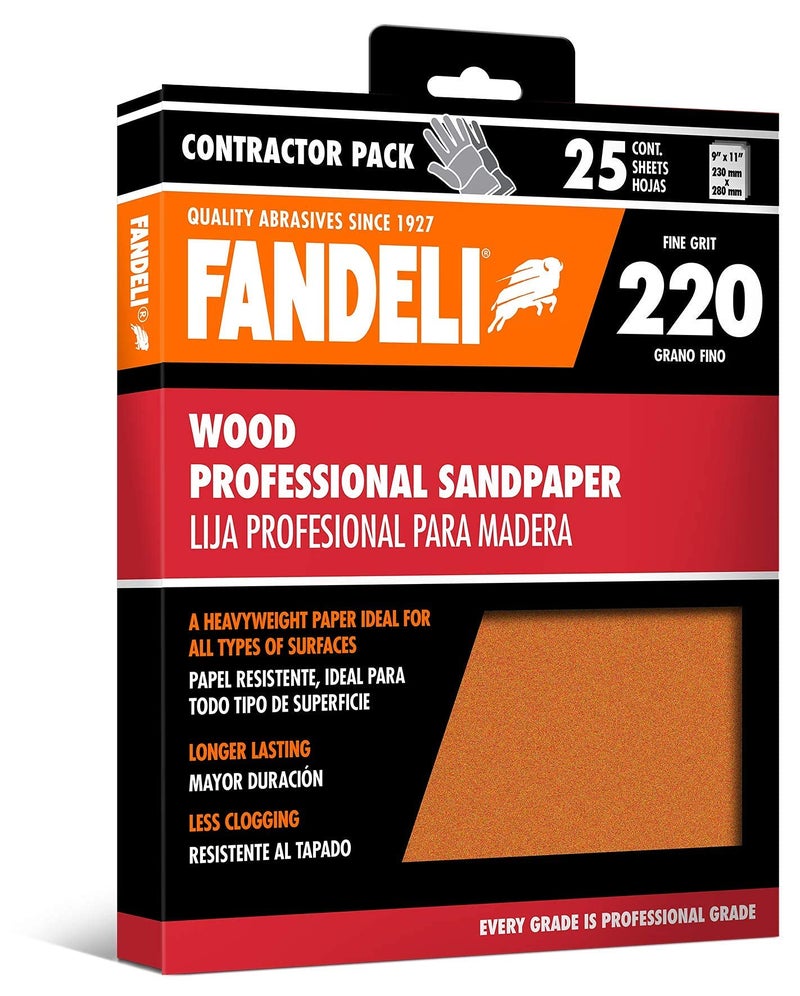 Fandeli | Wood Sanding Paper | 220 Grit | 25 Sheets of 9'' x 11'' | Sanding Wood by Hand | Ideal for Orbital Sander