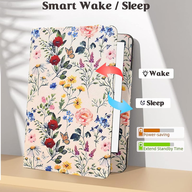 KEROM Case for 6" Kindle Paperwhite (10th/7th/6th/5th Generation, 2012-2018 Release), Premium PU Leather Cute Cover Case with Foldable Stand, Hand Strap, Card Slot, Auto Sleep/Wake, Colorful Blossoms - Image 3