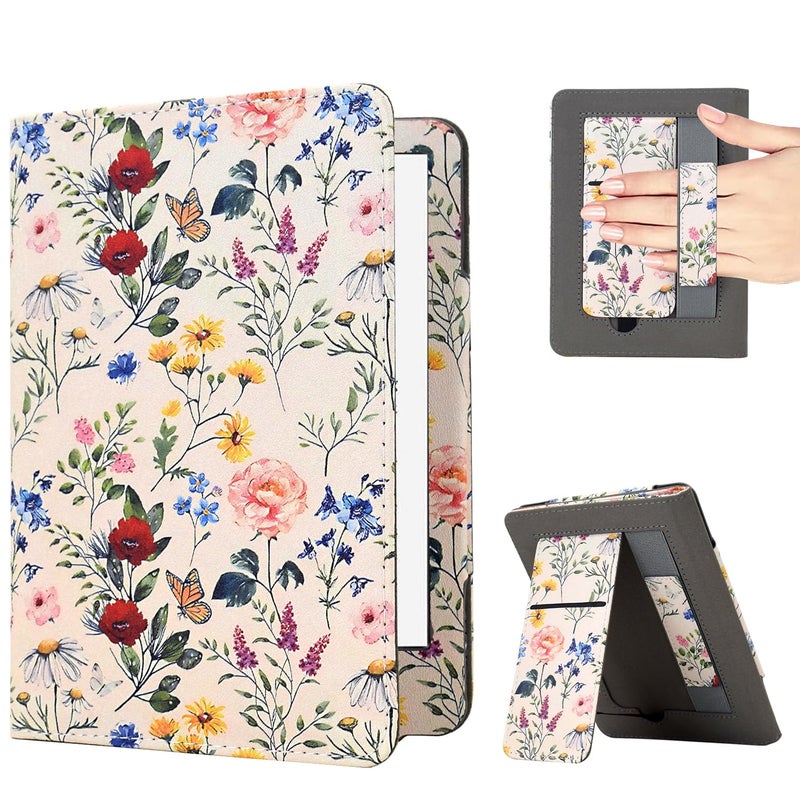 KEROM Case for 6" Kindle Paperwhite (10th/7th/6th/5th Generation, 2012-2018 Release), Premium PU Leather Cute Cover Case with Foldable Stand, Hand Strap, Card Slot, Auto Sleep/Wake, Colorful Blossoms - Image 1