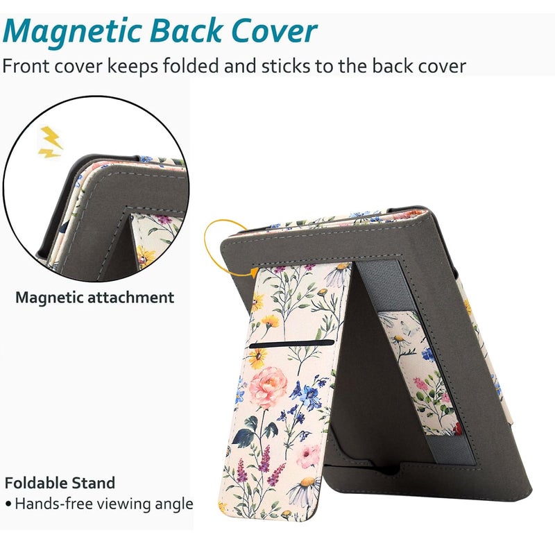 KEROM Case for 6" Kindle Paperwhite (10th/7th/6th/5th Generation, 2012-2018 Release), Premium PU Leather Cute Cover Case with Foldable Stand, Hand Strap, Card Slot, Auto Sleep/Wake, Colorful Blossoms - Image 5