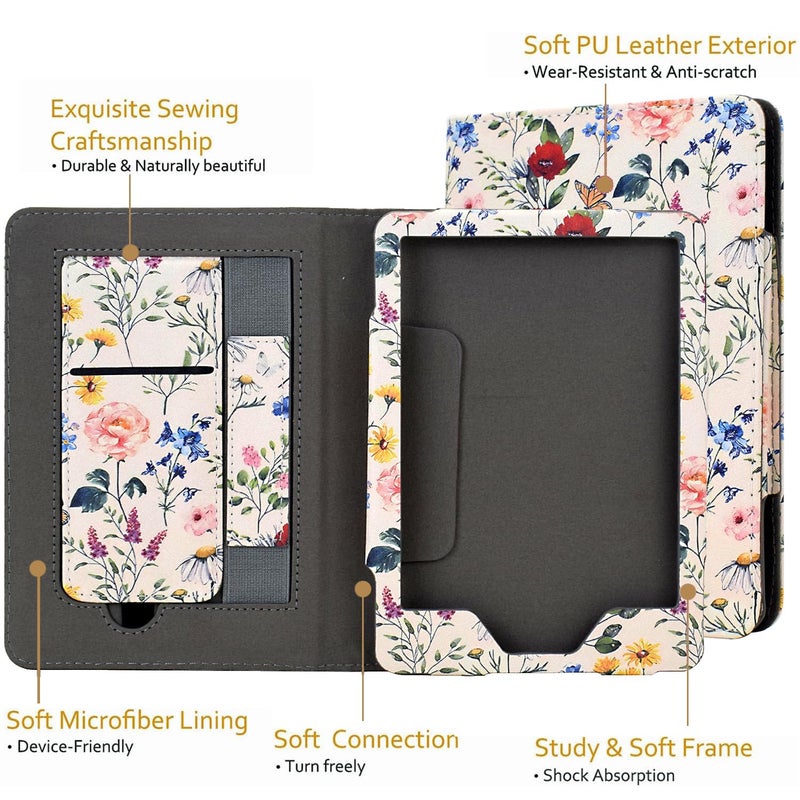 KEROM Case for 6" Kindle Paperwhite (10th/7th/6th/5th Generation, 2012-2018 Release), Premium PU Leather Cute Cover Case with Foldable Stand, Hand Strap, Card Slot, Auto Sleep/Wake, Colorful Blossoms - Image 4