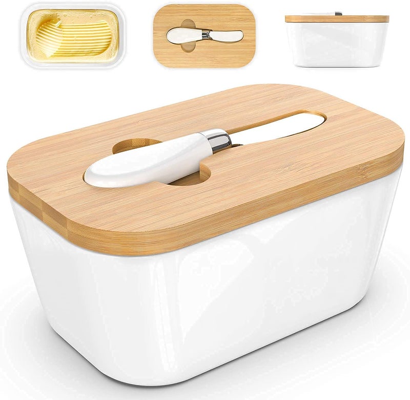DARKZONE Butter Dishes Box Premium Quality Elite Range Heavy Fine Porcelain Butter Box Butter Dish with Wooden Top Cover Lid with a Knife 600 ML - Image 1