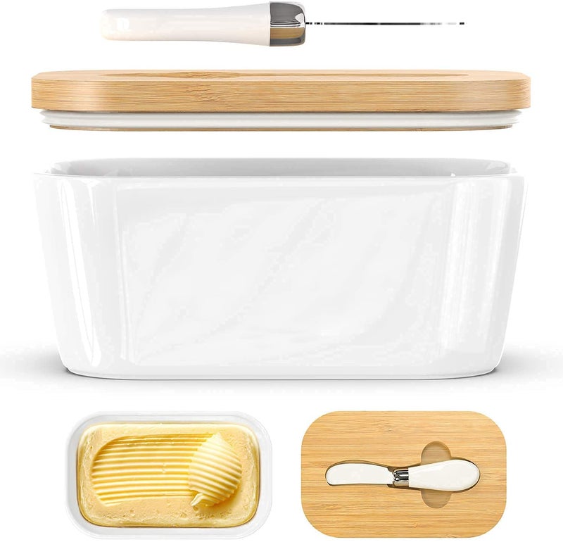 DARKZONE Butter Dishes Box Premium Quality Elite Range Heavy Fine Porcelain Butter Box Butter Dish with Wooden Top Cover Lid with a Knife 600 ML - Image 2