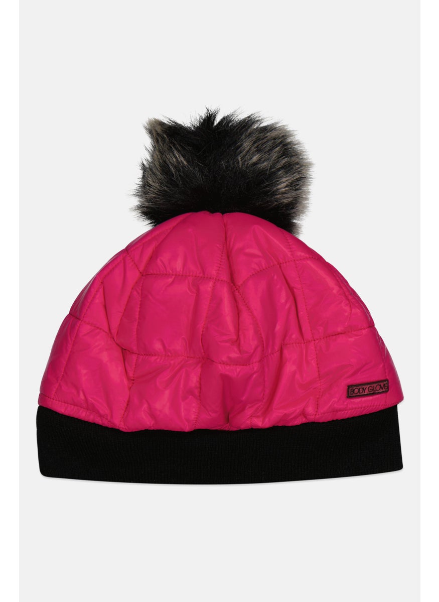 Body Glove Women Shiny Quilted Pompom Beanie, Dark Pink  - Image 1