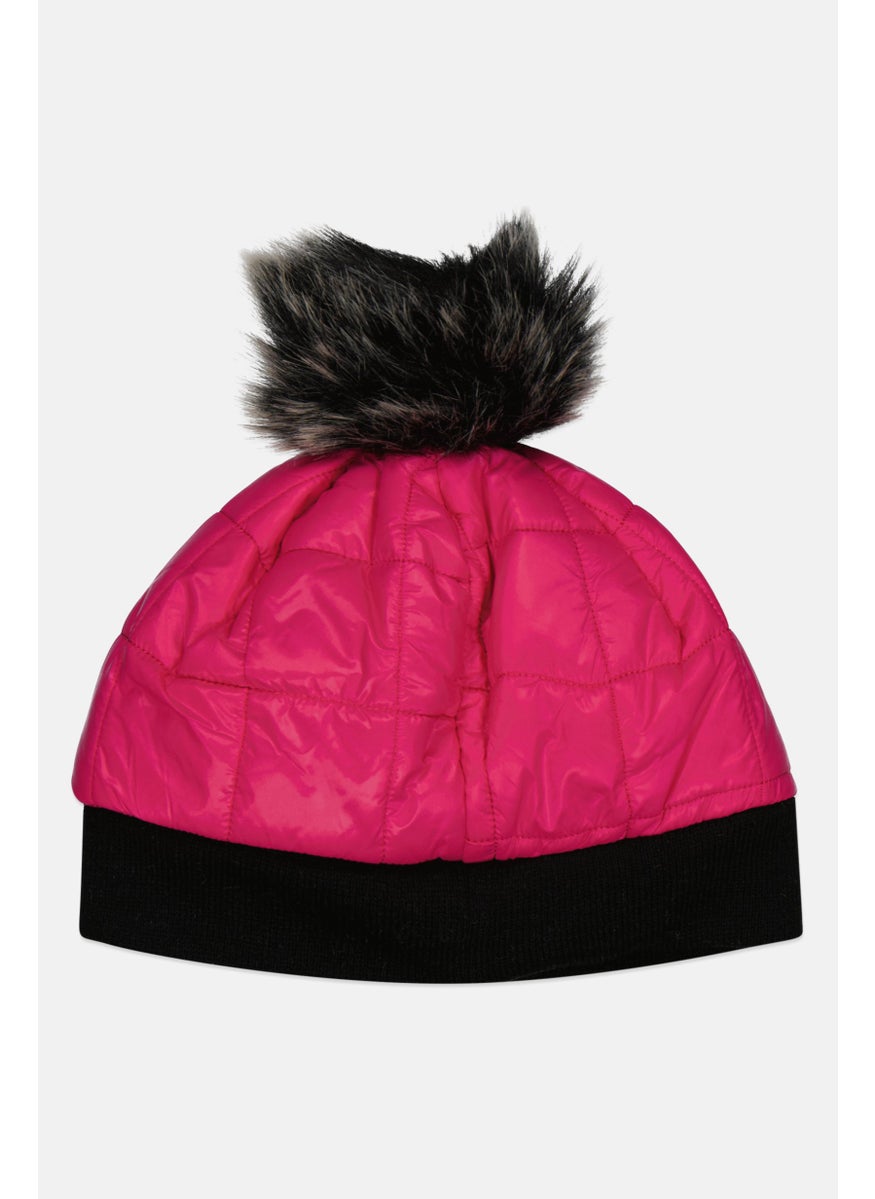 Body Glove Women Shiny Quilted Pompom Beanie, Dark Pink  - Image 2