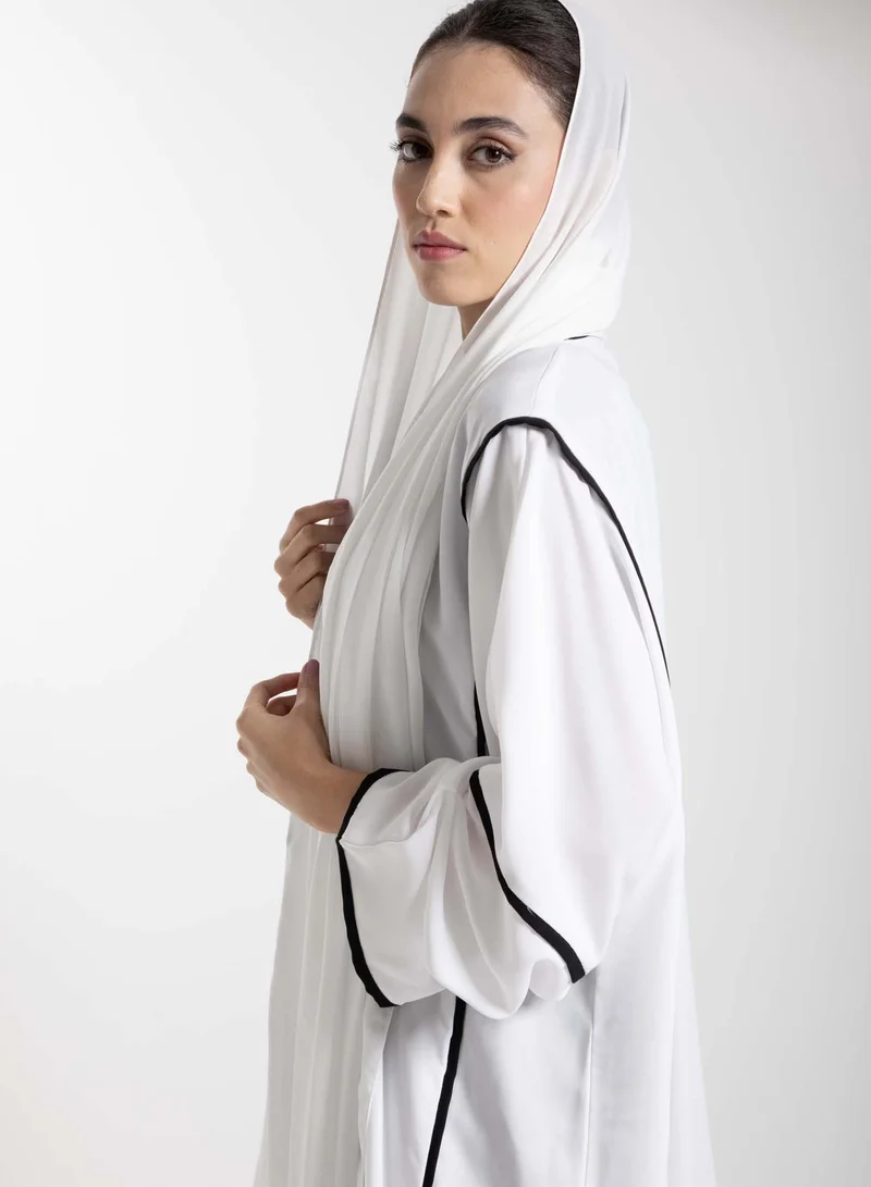 MSquare Fashion  Elegant Front Open White Nida Abaya with Black Contrast Piping for Women | Best Price UAE
