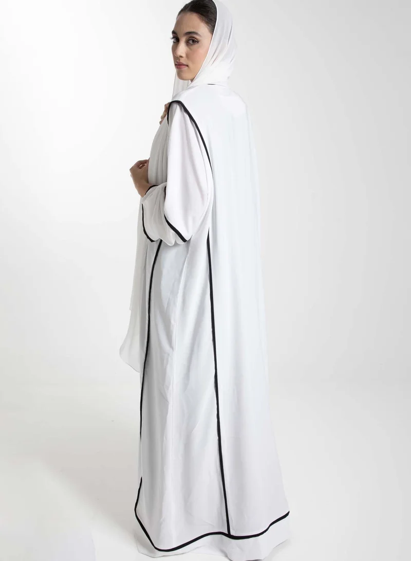 MSquare Fashion  Elegant Front Open White Nida Abaya with Black Contrast Piping for Women | Best Price UAE