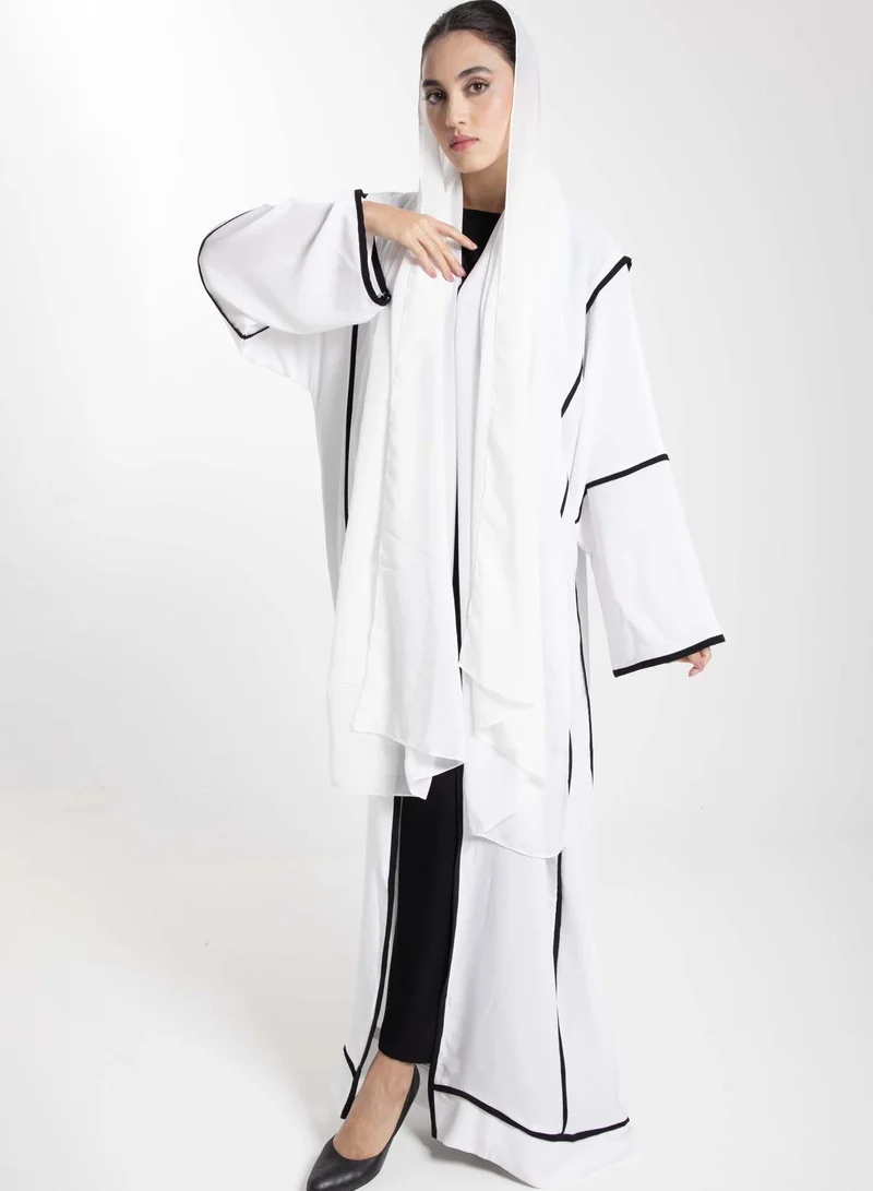 MSquare Fashion  Elegant Front Open White Nida Abaya with Black Contrast Piping for Women | Best Price UAE