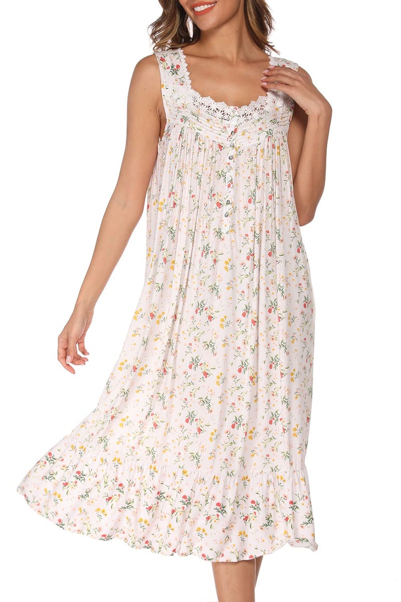AVIIER Cotton Nightgowns for Women Sleeveless House Dress Ladies Long Nightdress with Pockets White flowers XXLarge