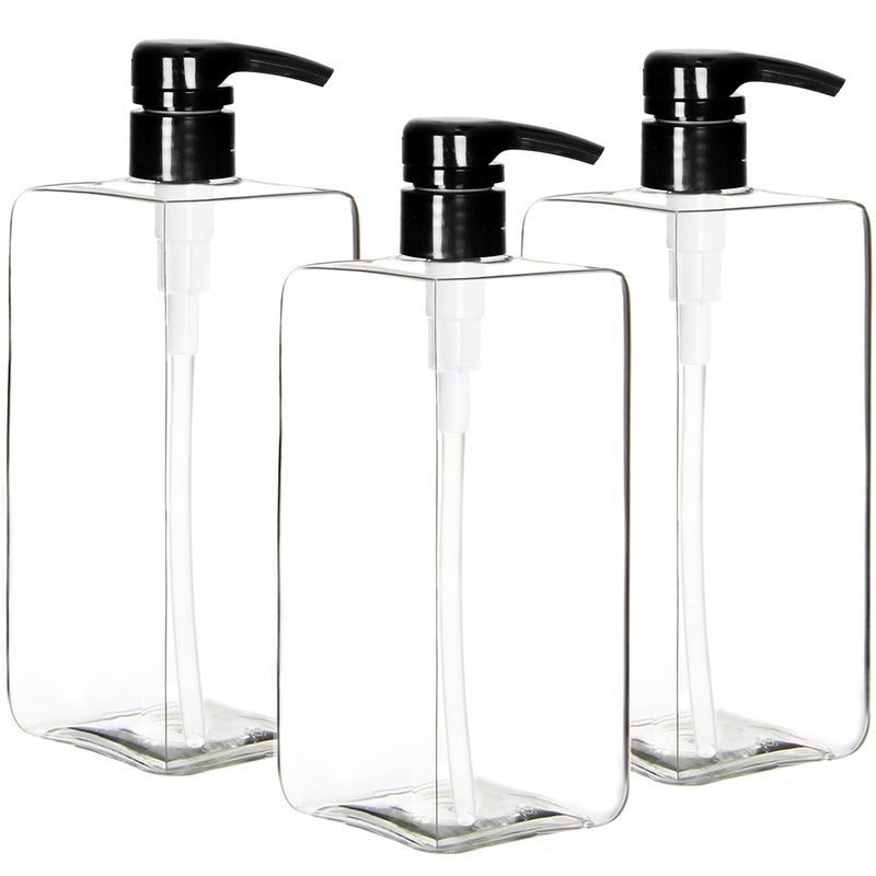 Youngever 3 Pack Pump Bottles for Shampoo 32 Ounce 1 Liter Empty Shampoo Pump Bottles Plastic Square with LockdownLeak ProofPumps Clear