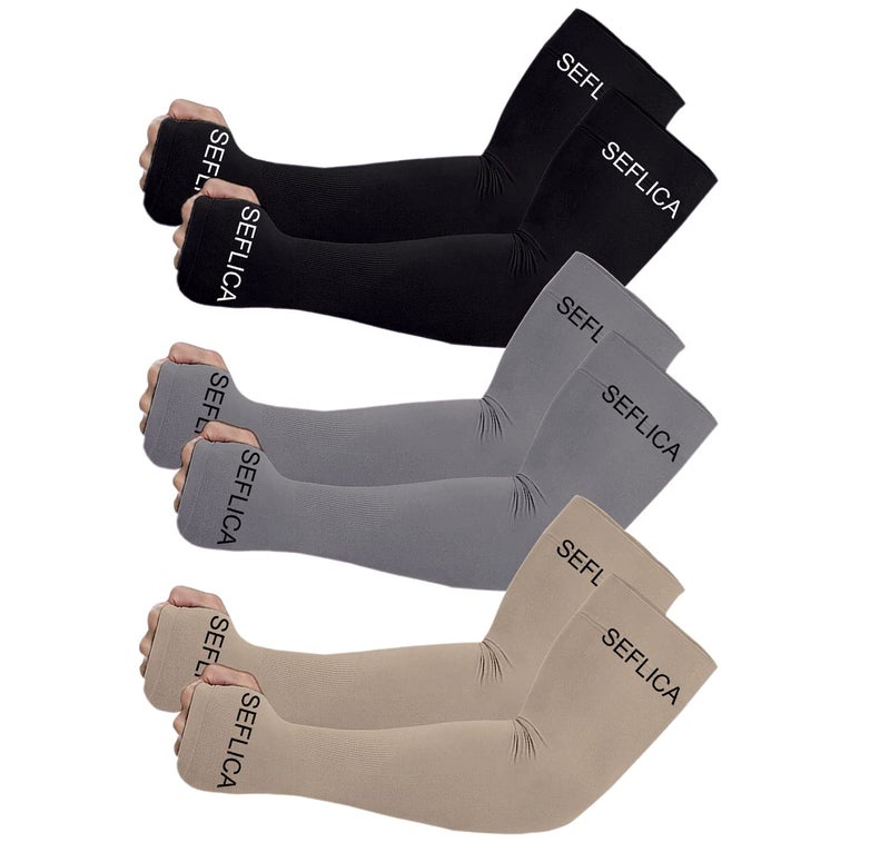 SEFLICA UV Sun Protection Cooling UPF 50 Compression Arm Sleeve for Men and Women With Thumb Hole, Arm Sleeves for Boys and Girls, For Tattoo Cover Up and Sports, 3 Pair - Black, Grey And Skin - Image 1