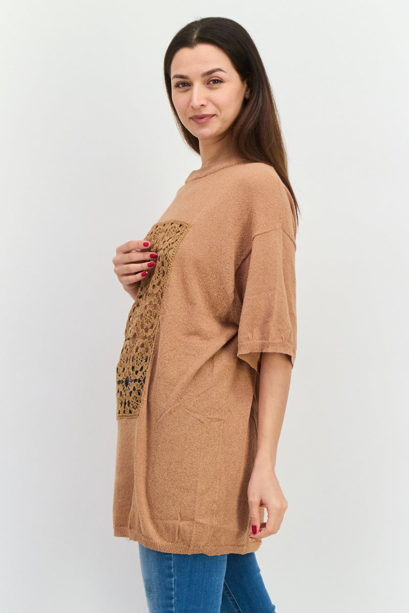 MANGO Women Round Neck Eyelet Pattern Sweater, Brown  - Image 2