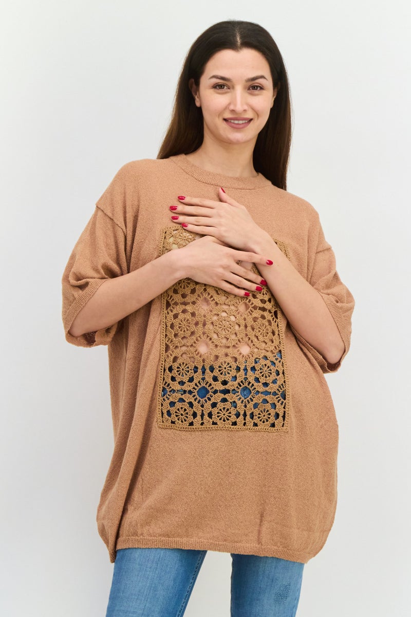 MANGO Women Round Neck Eyelet Pattern Sweater, Brown  - Image 1