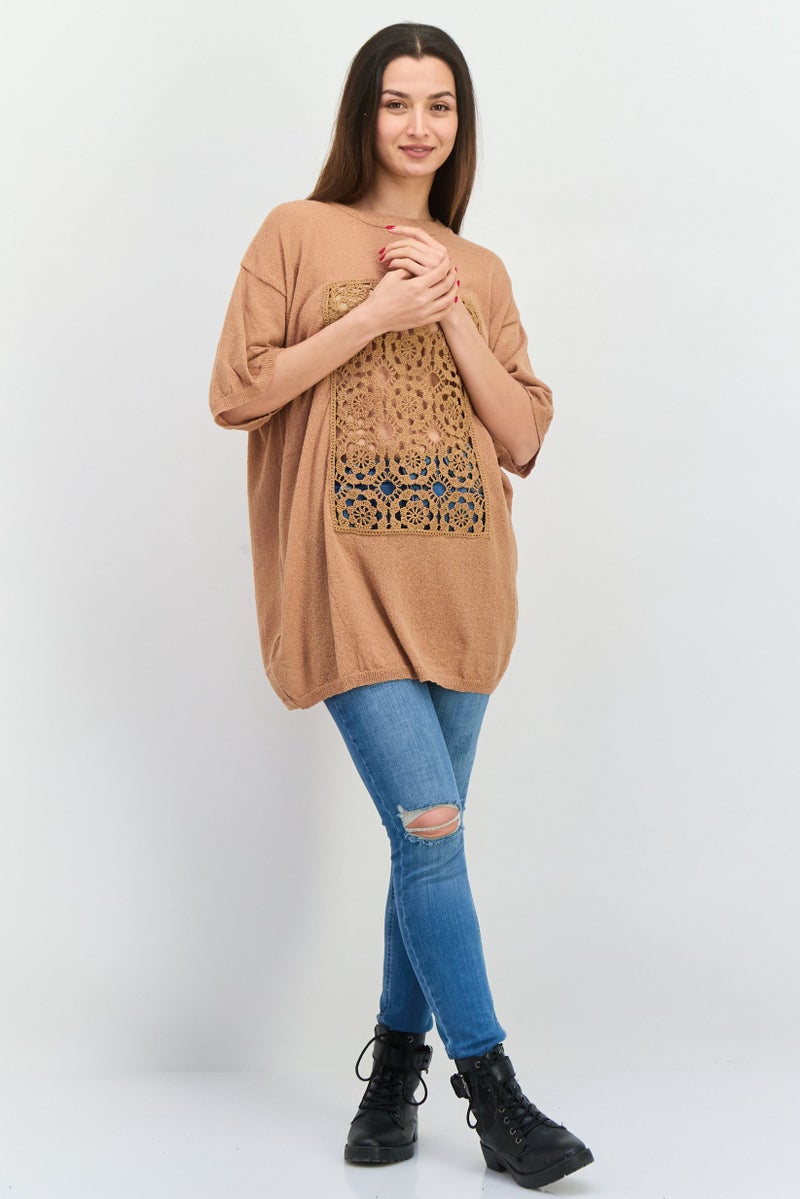 MANGO Women Round Neck Eyelet Pattern Sweater, Brown  - Image 4